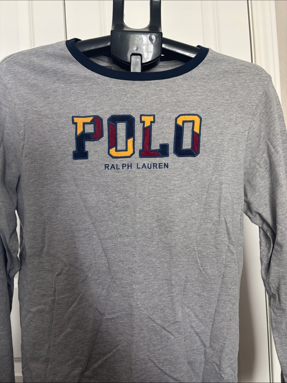 Ralph Lauren Kids Grey Long-Sleeve POLO Logo Tee with Navy Trim